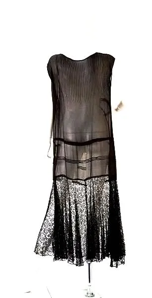 1920s Chiffon Drop Waist "Flapper" Dress with Black Lace