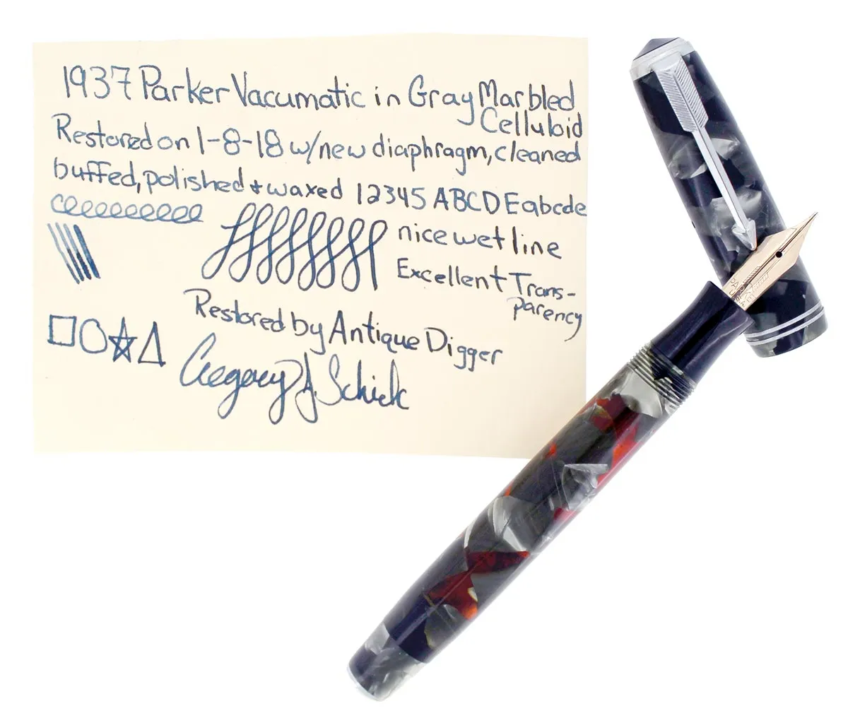 1937 PARKER VACUMATIC JR MOTTLED SILVER PEARL DOUBLE JEWEL FOUNTAIN PEN RESTORED