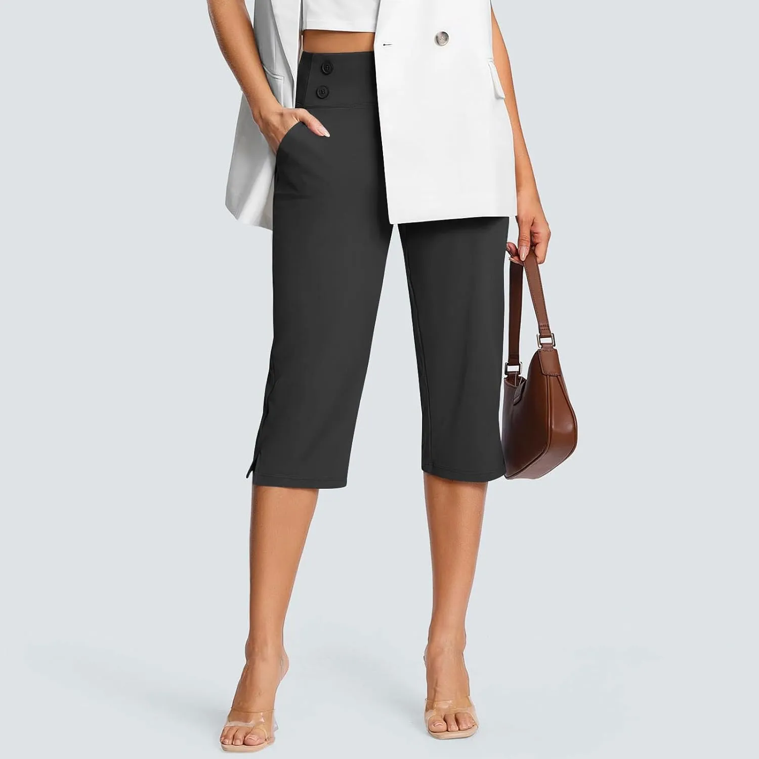 2025 Capri Pants for Women Petite Length High Waist Tummy Control Cropped Pants Dressy Trousers with Pockets