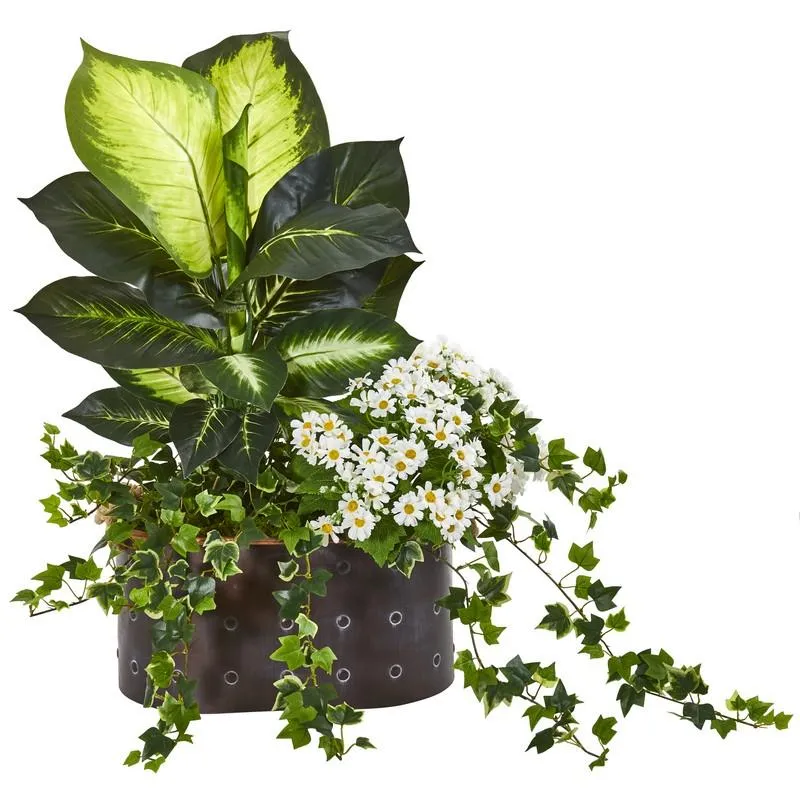 29" Golden Dieffenbachia, Ivy and Daisy Artificial Plant in Planter