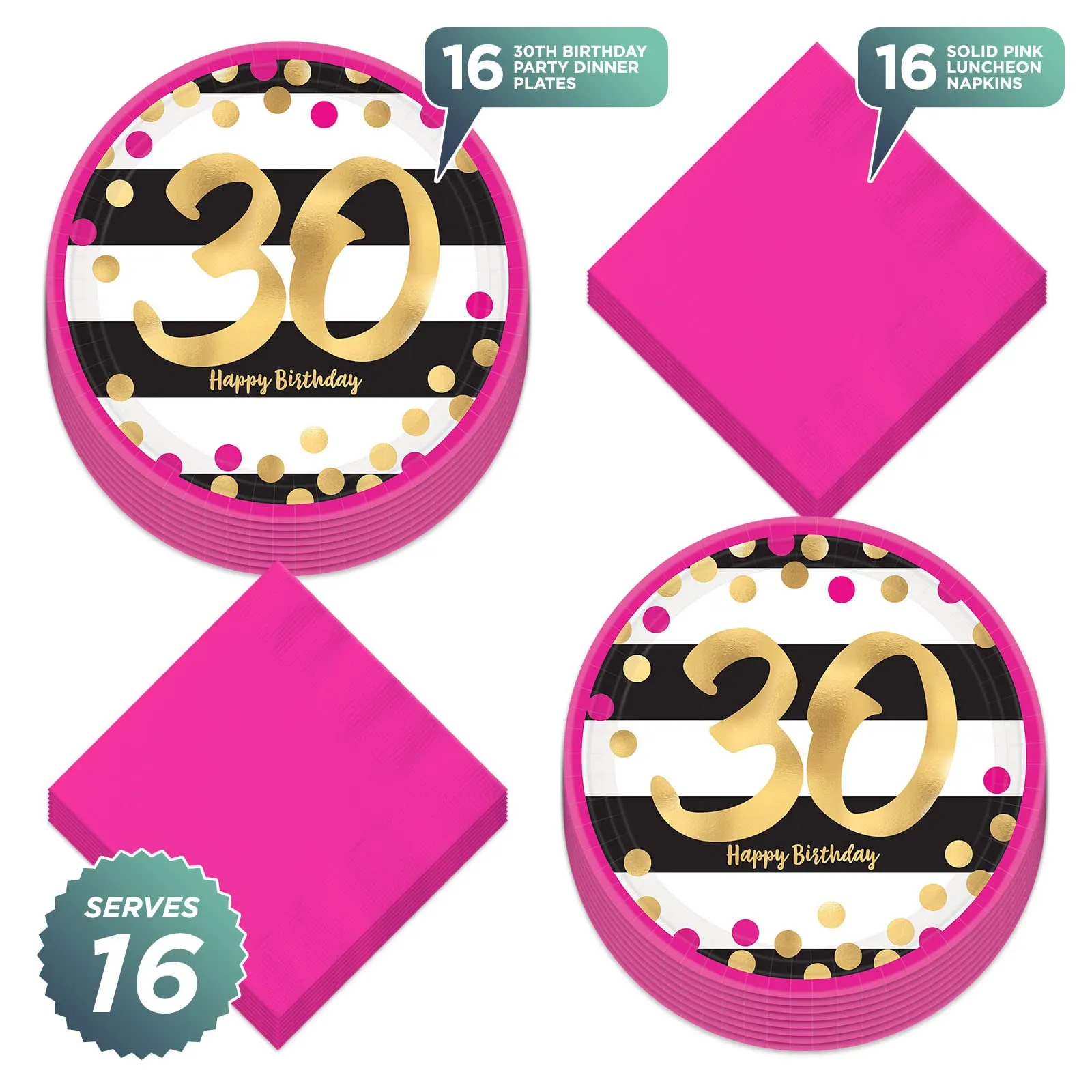 30th Birthday Party Supplies - Happy Birthday Pink and Gold Plates and Napkins (Serves 16)