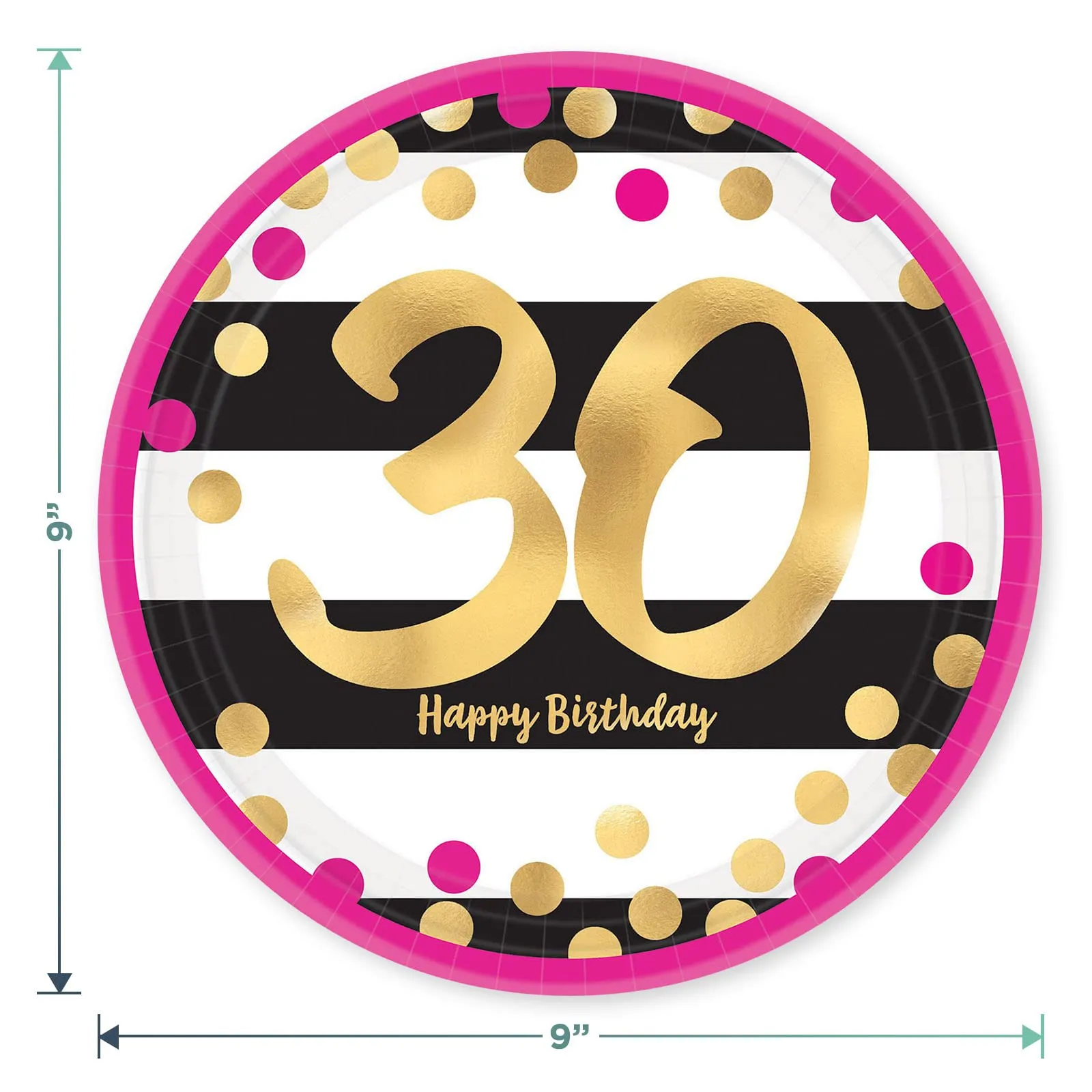 30th Birthday Party Supplies - Happy Birthday Pink and Gold Plates and Napkins (Serves 16)