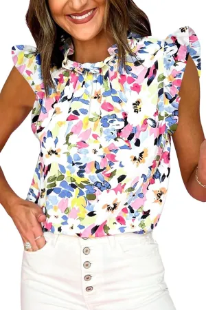 Allimy Women Summer Ruffle Trim Neckline Tank Tops Double Lined Chiffon Blouses