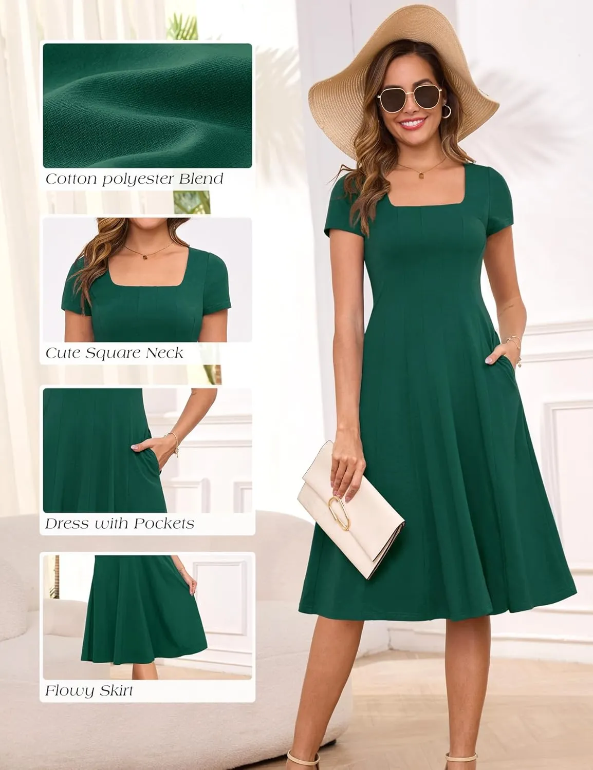 Annebouti Womens Spring Summer 2025 A-Line Square Neck Short Sleeve Semi-Formal Casual Work Midi Dress with Pockets