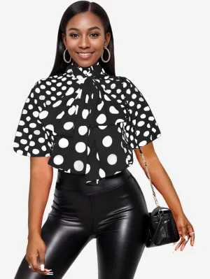 AOMEI Women's Bow Tied Neck Ruffle Trim Button Up Long Sleeve Workwear Shirts Blouse Black Polka Dot