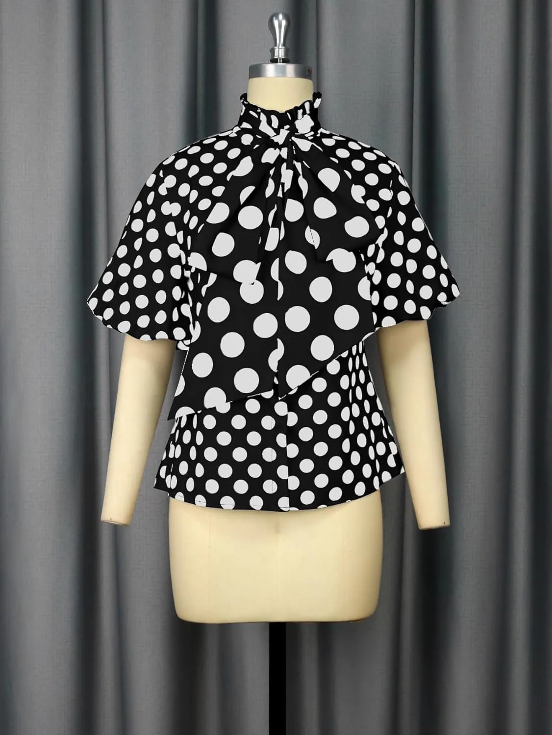 AOMEI Women's Bow Tied Neck Ruffle Trim Button Up Long Sleeve Workwear Shirts Blouse Black Polka Dot