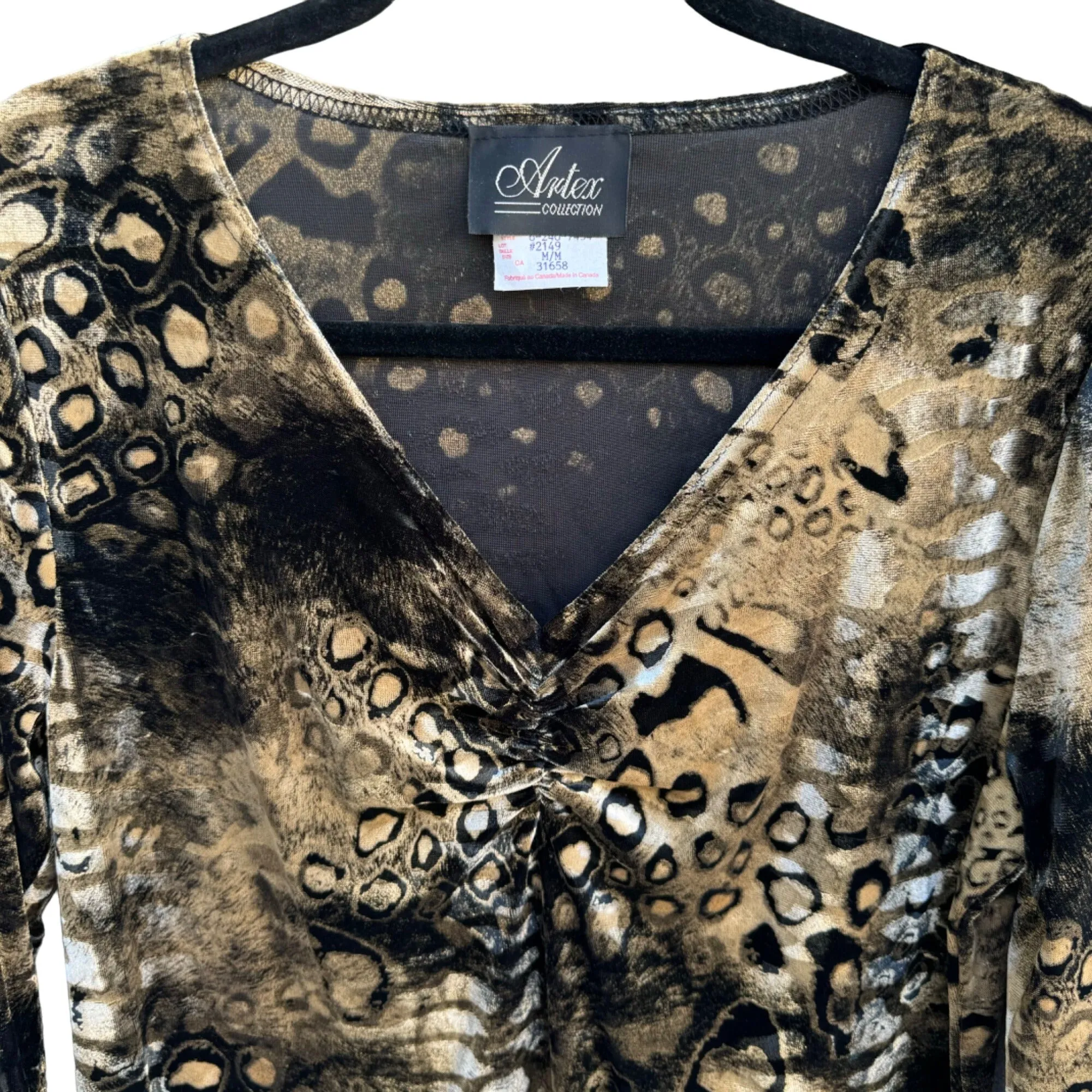 Artex Collection Women's Velour V Neck Animal Print Long Sleeve Blouse Top - Med