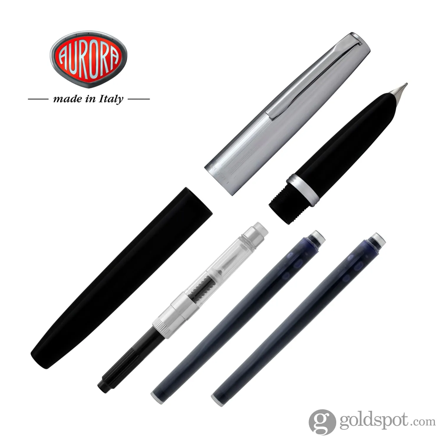 Aurora Duo Cart Fountain Pen - Black Resin With Chrome Cap, Medium Point