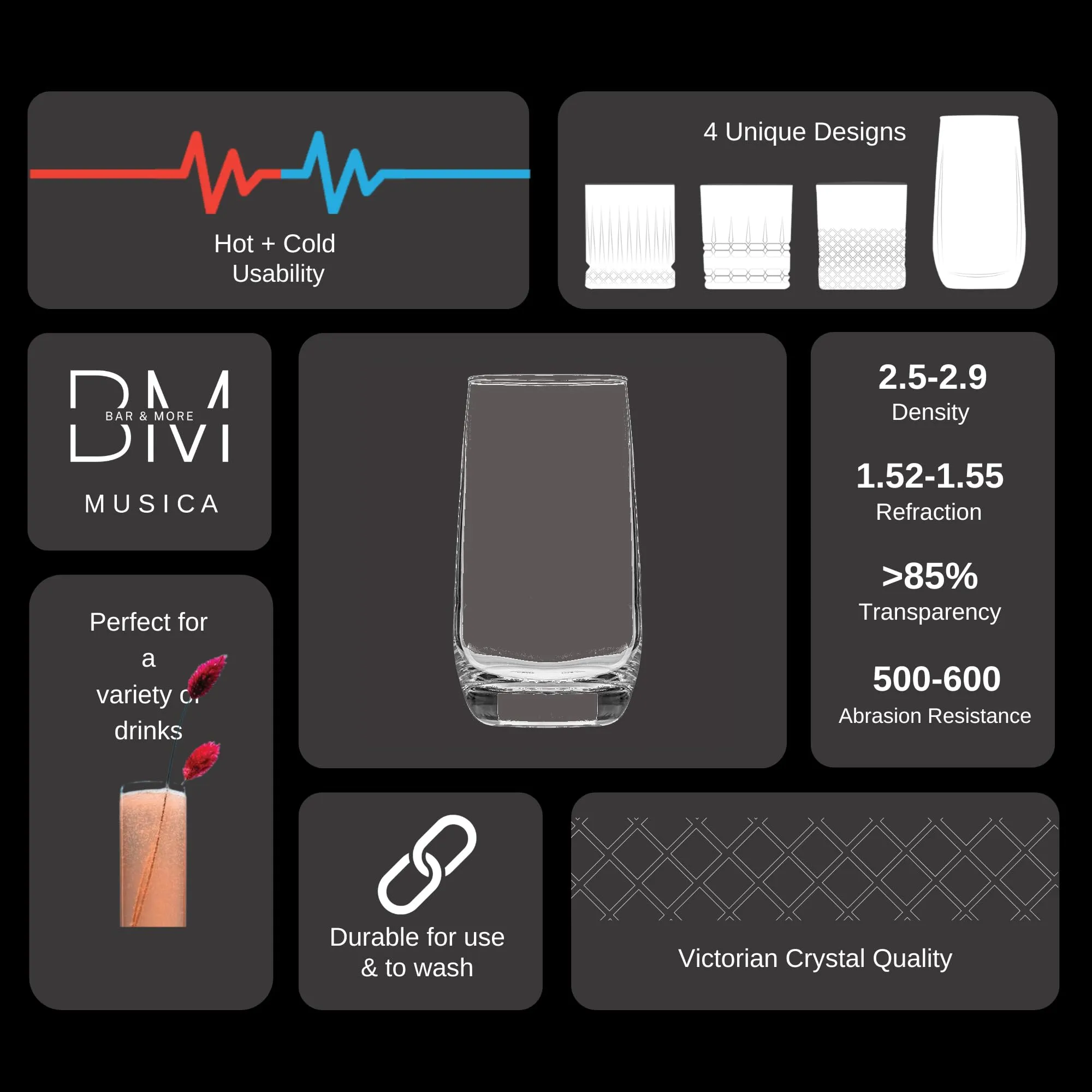 Bar&More | Musica | Premium Cocktail Glass | Set of 6 | 335ml & 300g | Martini, Negroni, Margarita, Daiquiri Glass | Glassware Gift Set | Elegant Tall Crystal Highball Juice Glasses