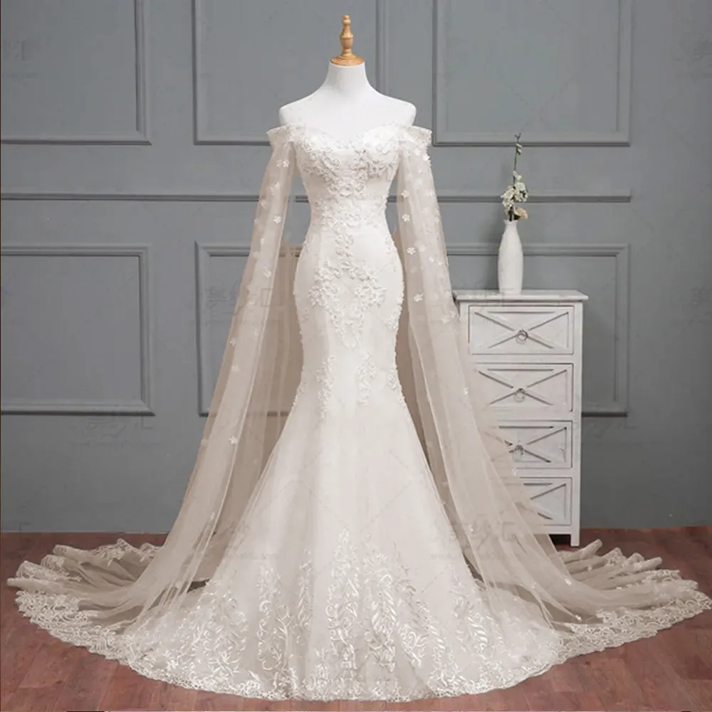 Beading Pearls Crystal Appliques Flowers Mermaid Wedding Dress Bridal Gown