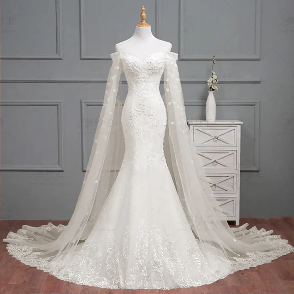 Beading Pearls Crystal Appliques Flowers Mermaid Wedding Dress Bridal Gown