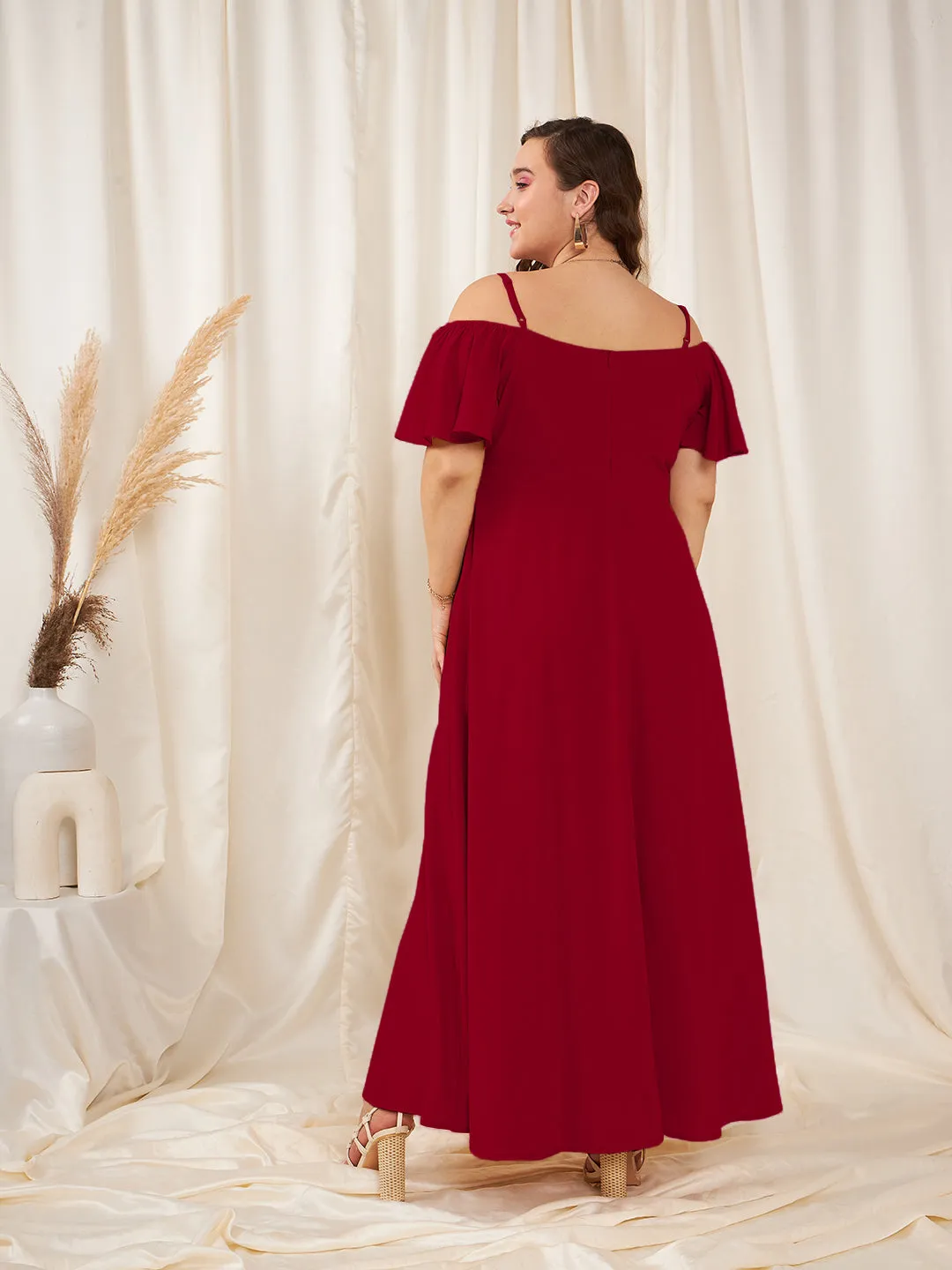 Berrylush Women Plus Size Solid Red Off-Shoulder Neck Cold-Shoulder Sleeve Thigh-High Slit Flared Maxi Dress