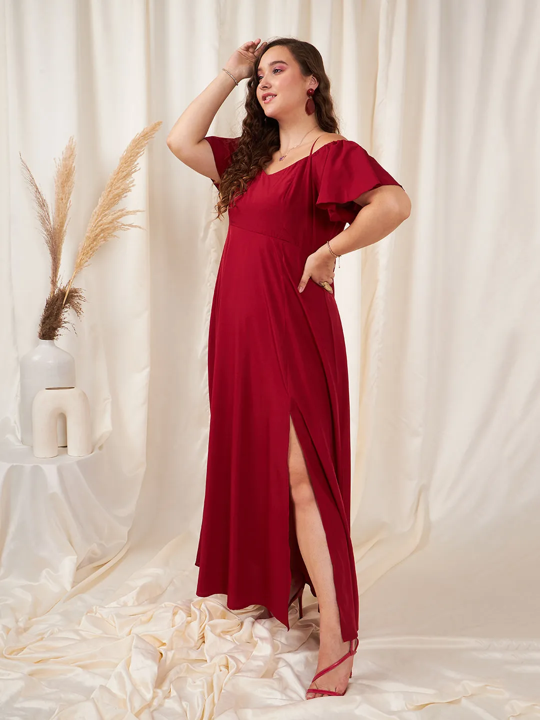 Berrylush Women Plus Size Solid Red Off-Shoulder Neck Cold-Shoulder Sleeve Thigh-High Slit Flared Maxi Dress