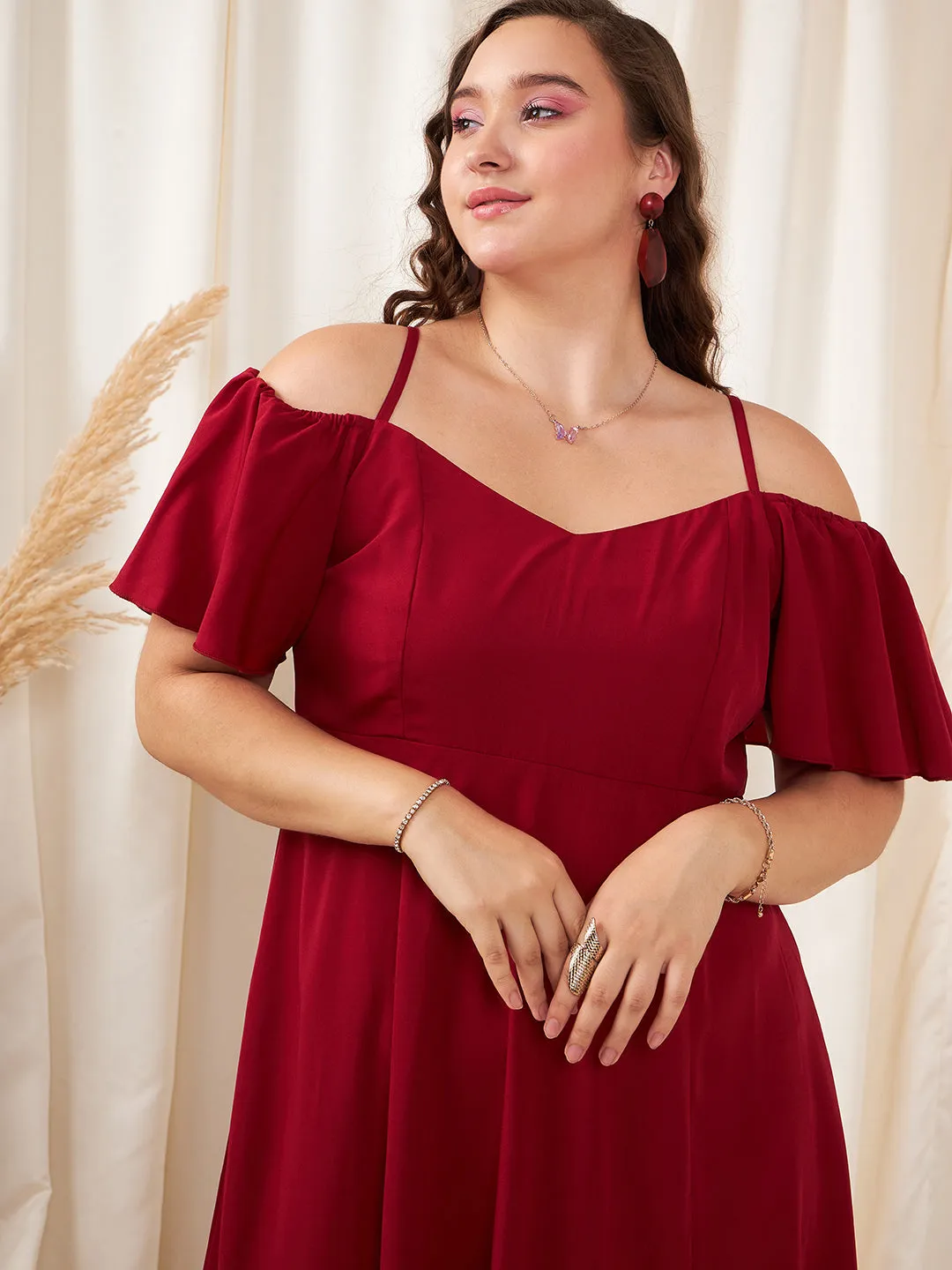 Berrylush Women Plus Size Solid Red Off-Shoulder Neck Cold-Shoulder Sleeve Thigh-High Slit Flared Maxi Dress