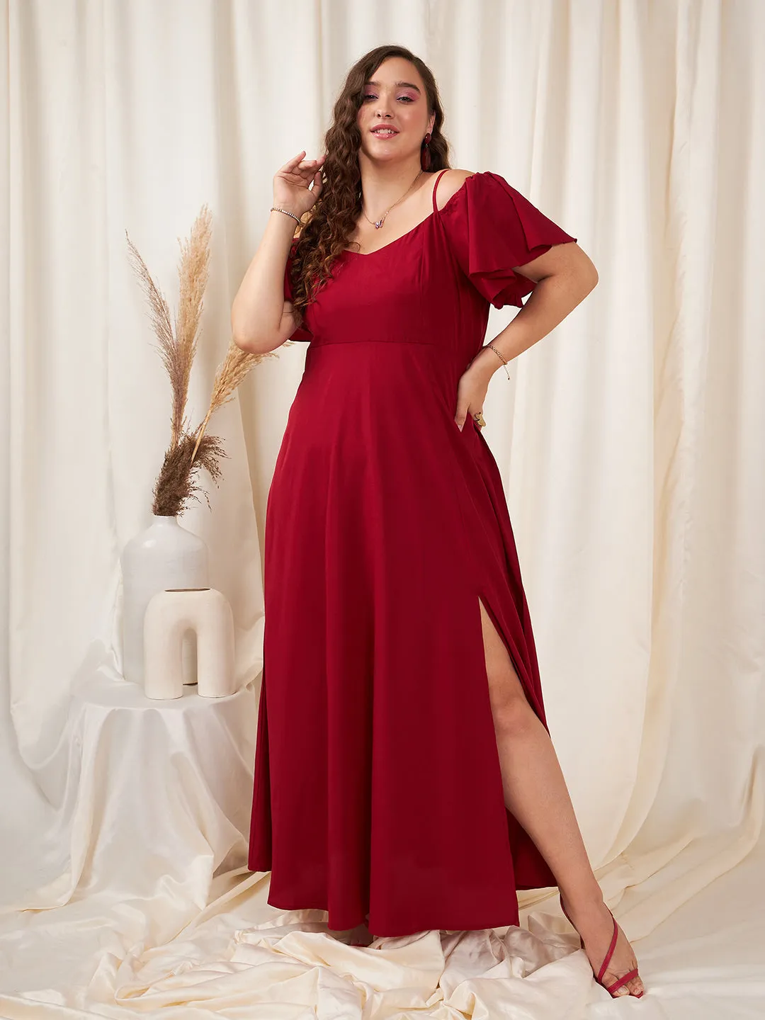 Berrylush Women Plus Size Solid Red Off-Shoulder Neck Cold-Shoulder Sleeve Thigh-High Slit Flared Maxi Dress