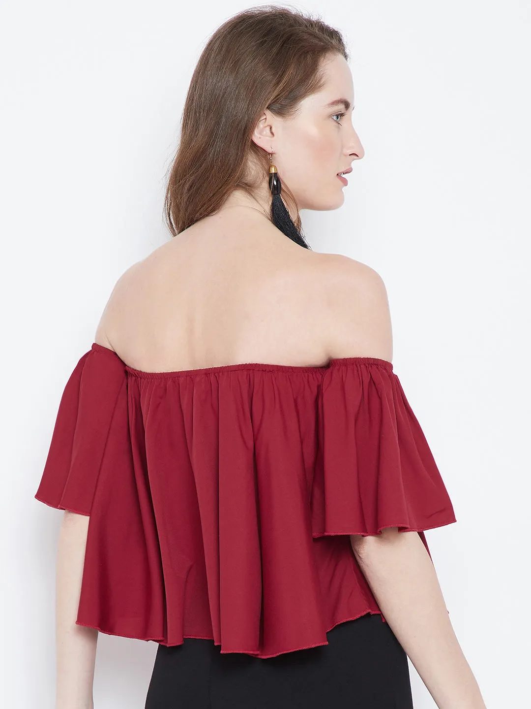 Berrylush Women Solid Red Off-Shoulder Neck Ruffled Crop Bardot Top