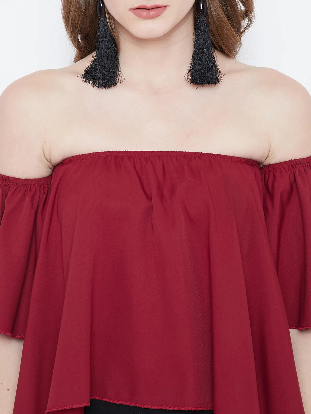 Berrylush Women Solid Red Off-Shoulder Neck Ruffled Crop Bardot Top