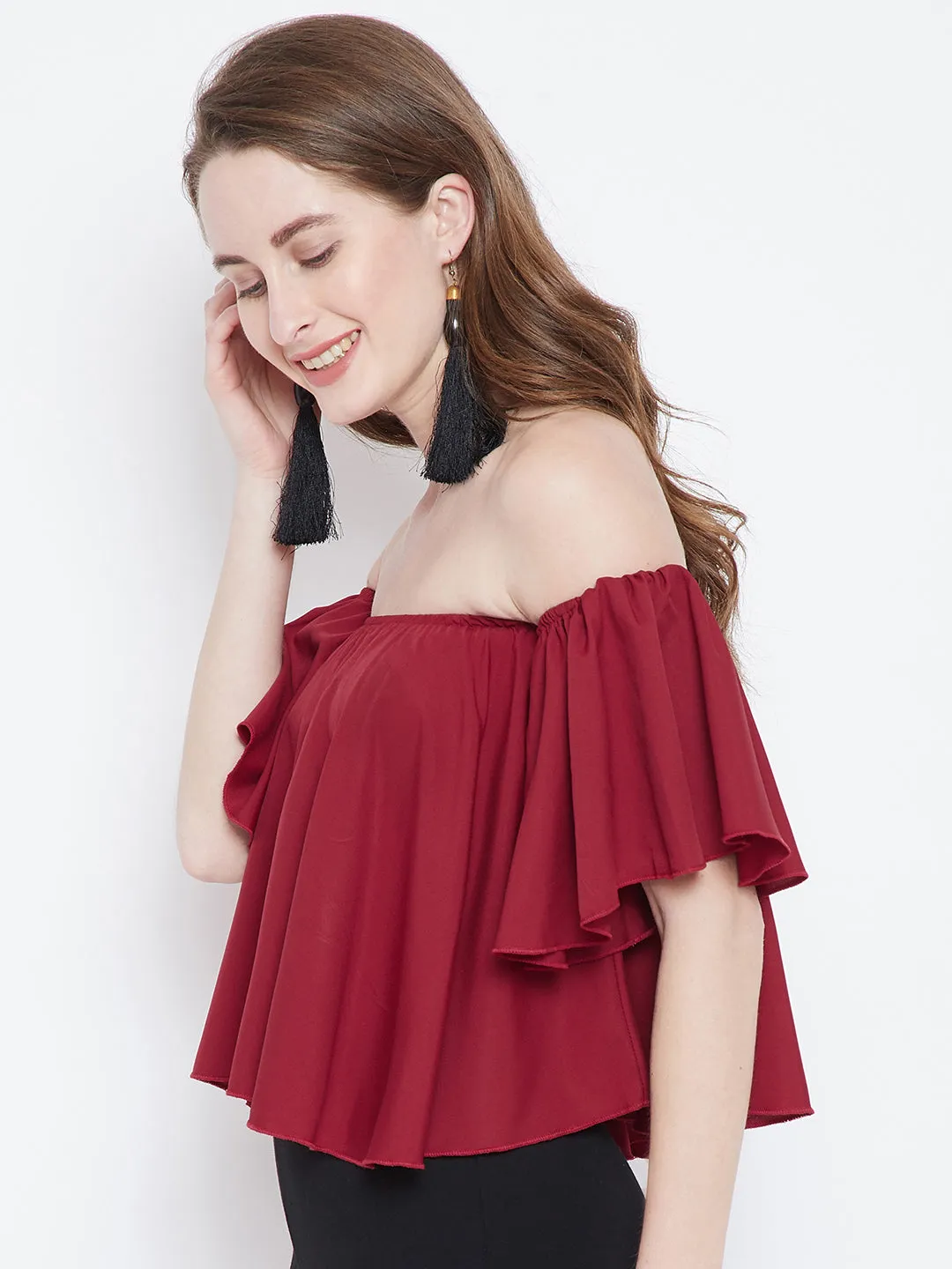 Berrylush Women Solid Red Off-Shoulder Neck Ruffled Crop Bardot Top
