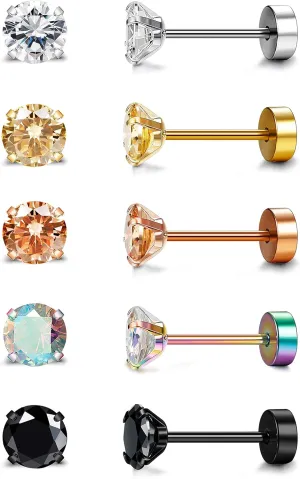 BESTEEL 20G Hypoallergenic Flat Back Earrings for Women Men Surgical Steel Stud Earrings Tiny Cubic Zirconia Cartilage Tragus Earrings Screw Back Earrings Set for Sensitive Ears 2/3/4/5/6MM