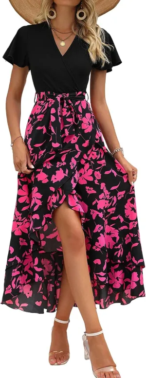 BTFBM Womens Maxi Summer Dresses 2025 Short Sleeve V Neck Boho Floral Print Belted High Low Ruffle Party Cocktail Dress