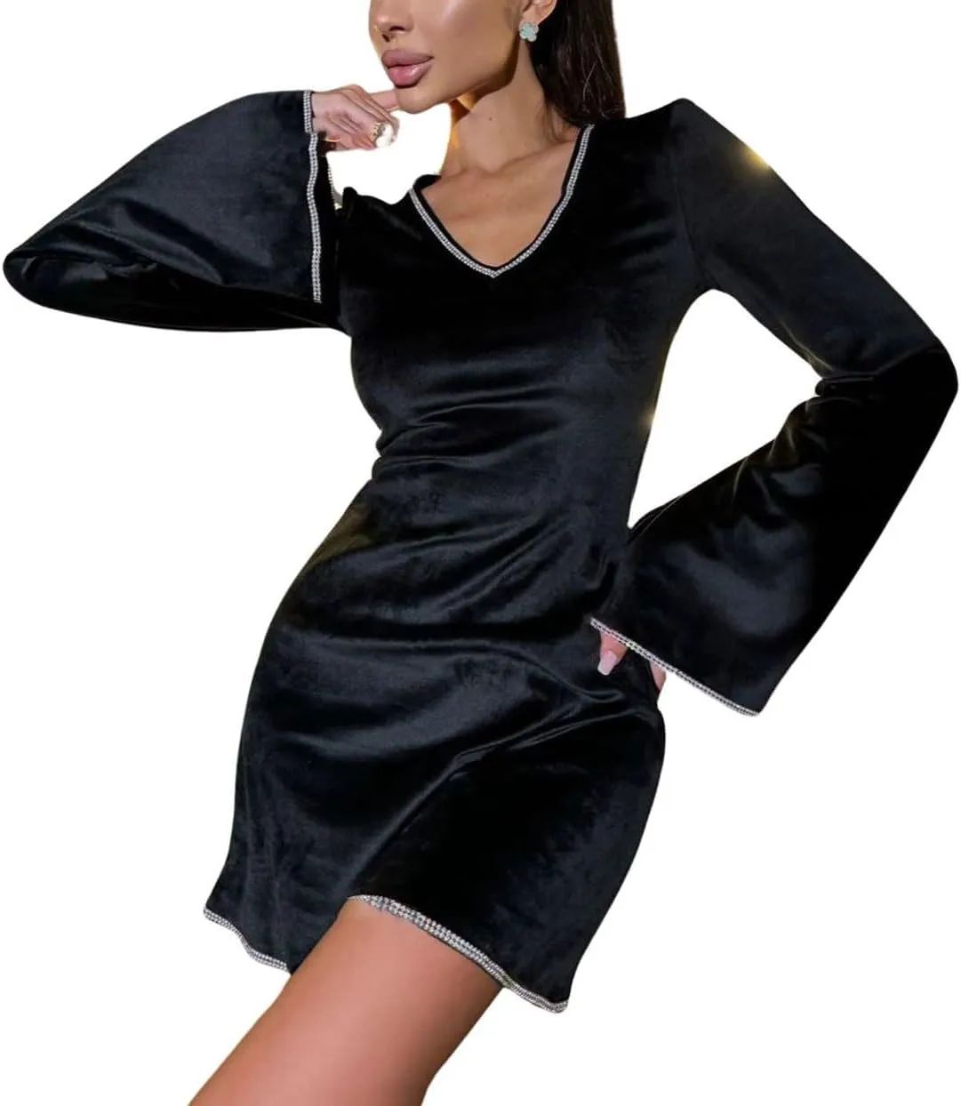 CHARTOU Women Glitter Sequins Party Dress Bell Long Sleeve Velvet Cocktail Mini Tunic Dress