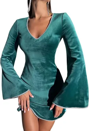 CHARTOU Women Glitter Sequins Party Dress Bell Long Sleeve Velvet Cocktail Mini Tunic Dress