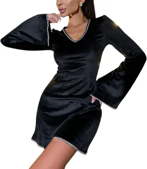 CHARTOU Women Glitter Sequins Party Dress Bell Long Sleeve Velvet Cocktail Mini Tunic Dress