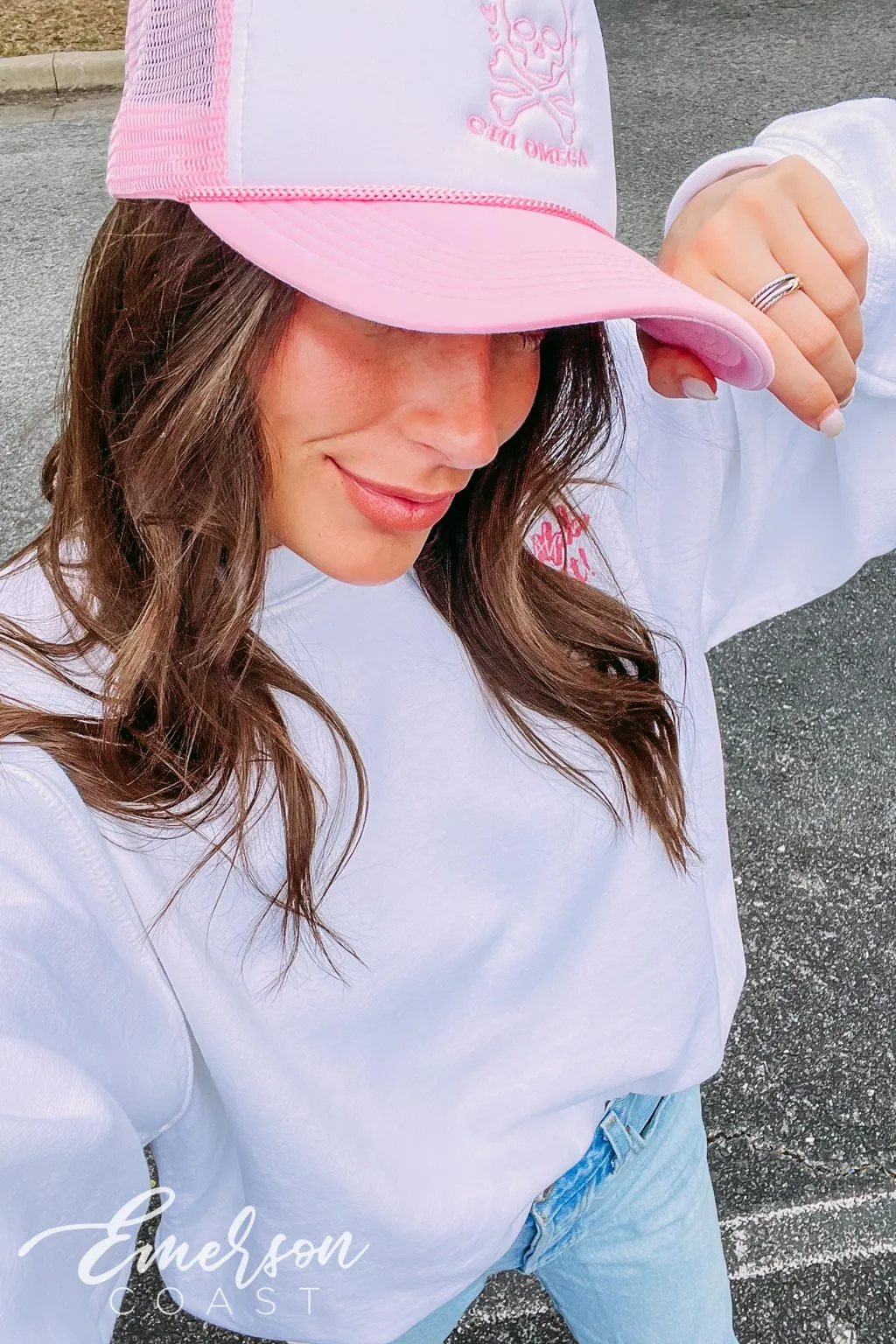 Chi Omega Light Pink Embroidered Bid Day Trucker Hat