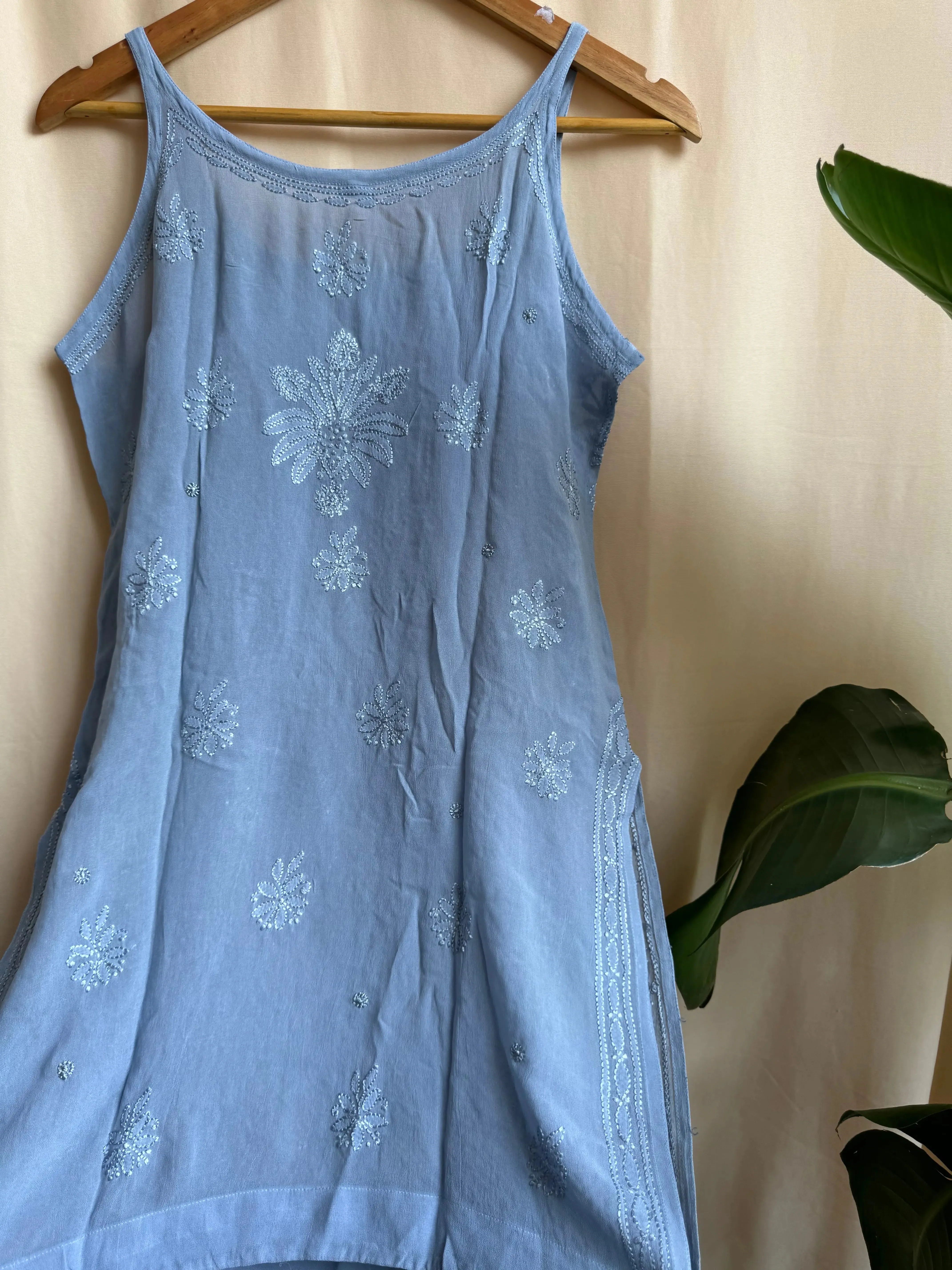 Chikankari Noodle Strap Top in Grey