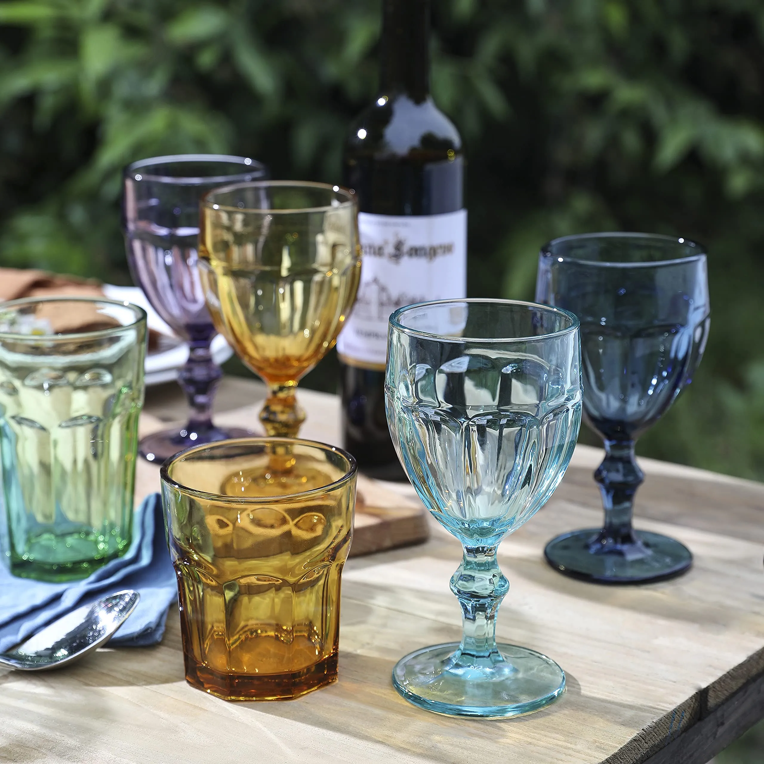 Colored Water Glasses With Stem, Footed Iced Beverage Goblets, Set Of 6 (Amber Color)
