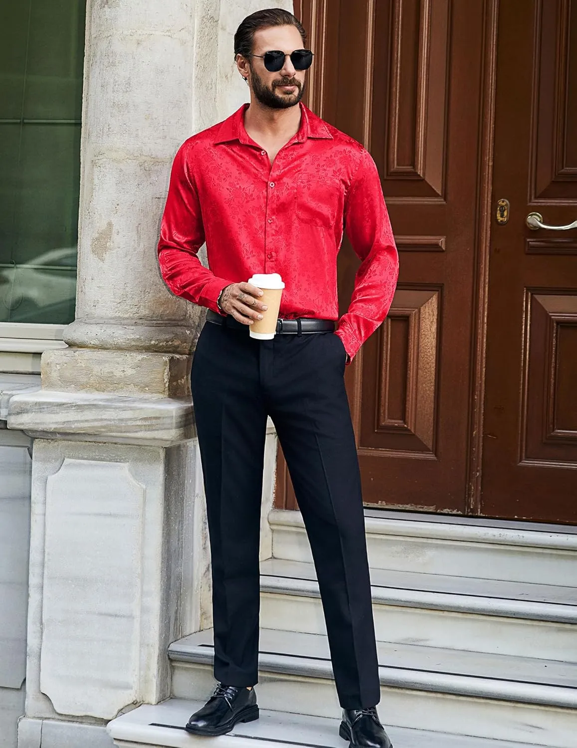 COOFANDY Mens Luxury Satin Dress Shirt Shiny Silk Long Sleeve Button Up Shirts Wedding Shirt Party Prom