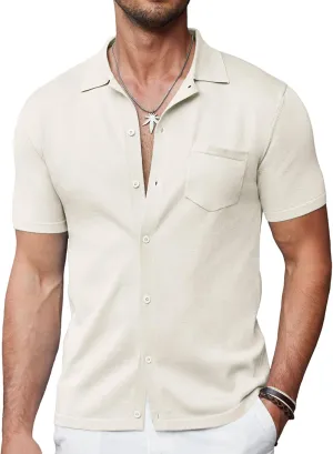 COOFANDY Mens Short Sleeve Knit Shirts Button Down Vintage Polo Casual Beach Shirts