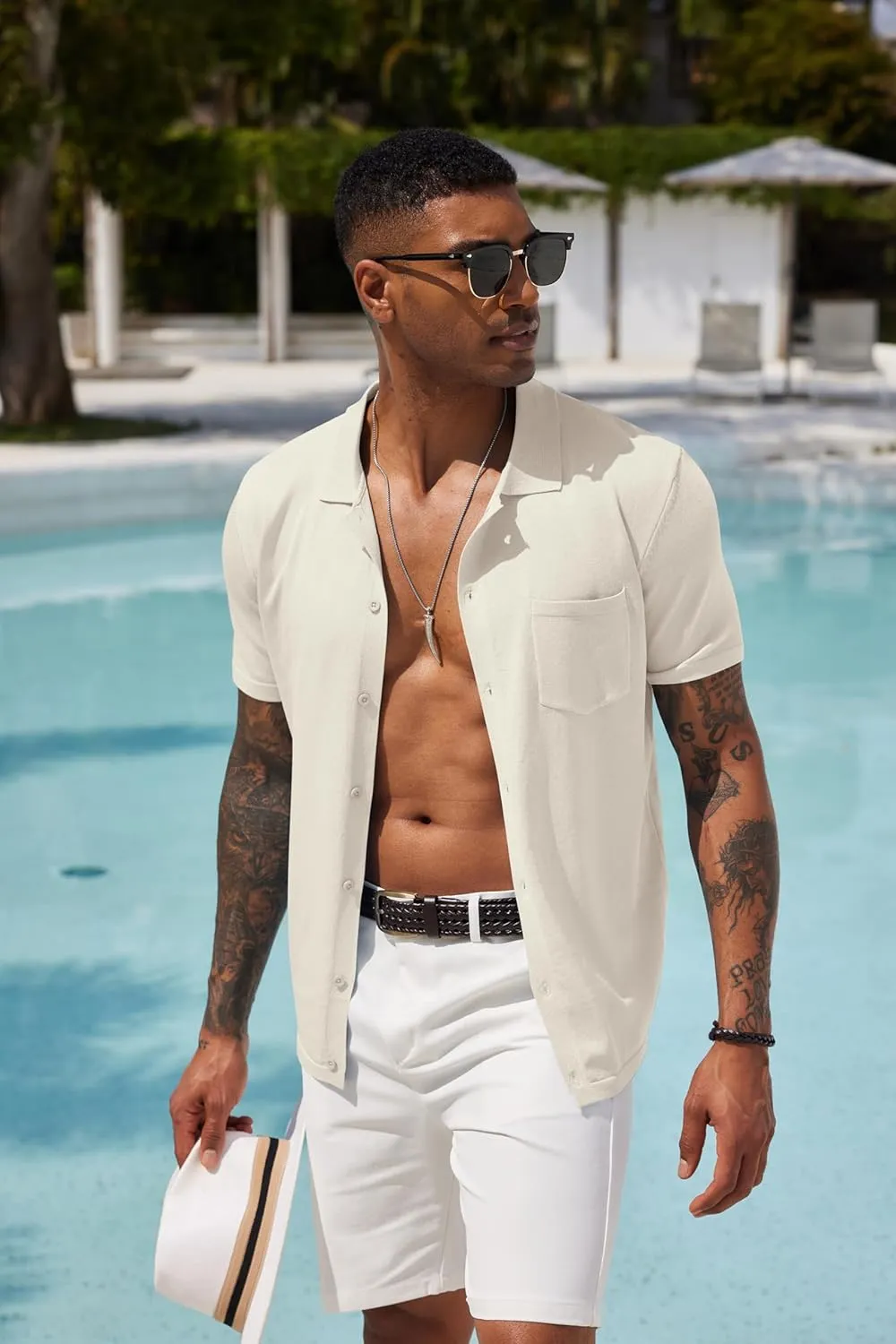 COOFANDY Mens Short Sleeve Knit Shirts Button Down Vintage Polo Casual Beach Shirts