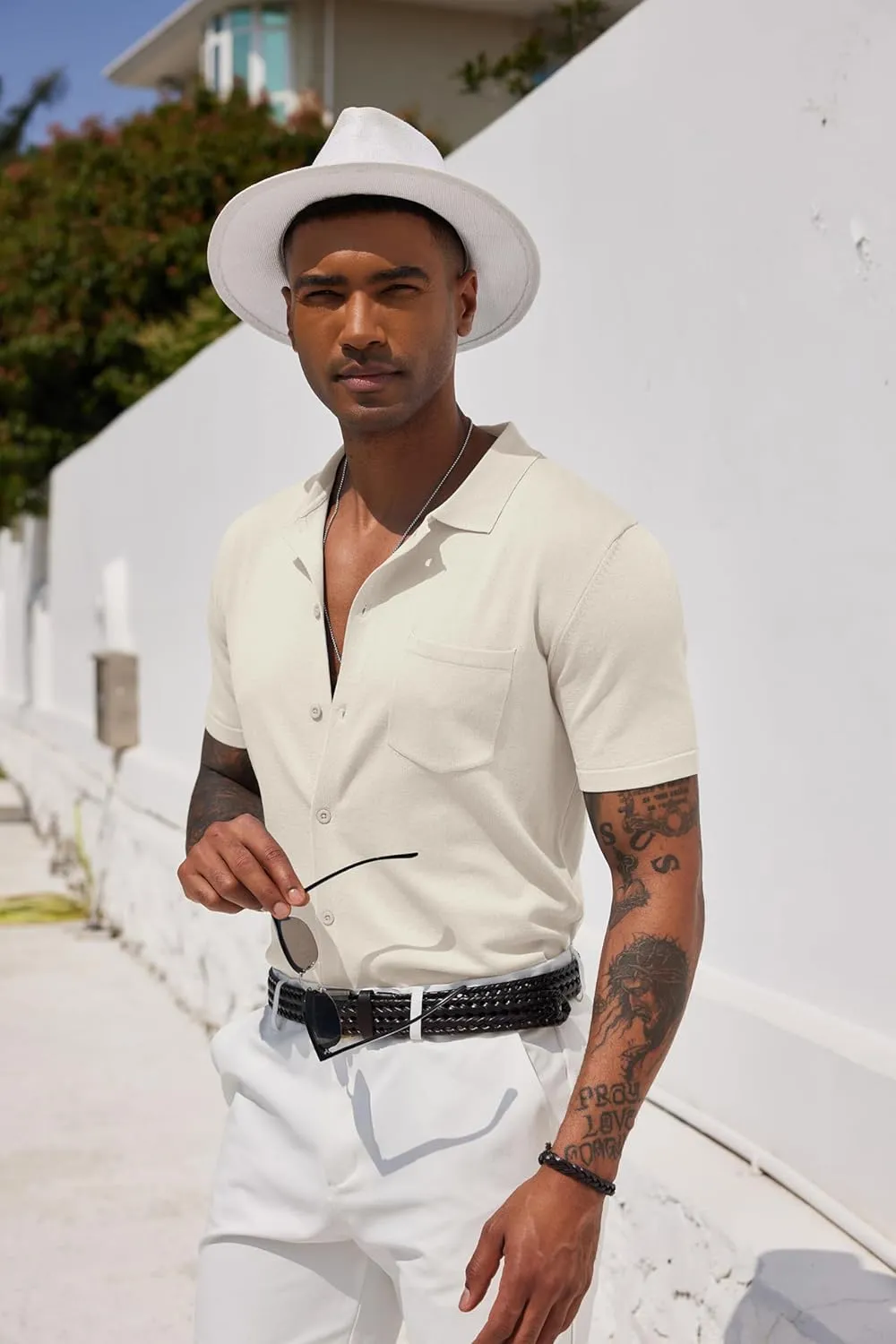 COOFANDY Mens Short Sleeve Knit Shirts Button Down Vintage Polo Casual Beach Shirts