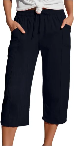 Cotton Linen Capri Pants Women 2025 Summer Casual Capris Wide Leg High Waist Drawstring Cropped Trousers with Pockets
