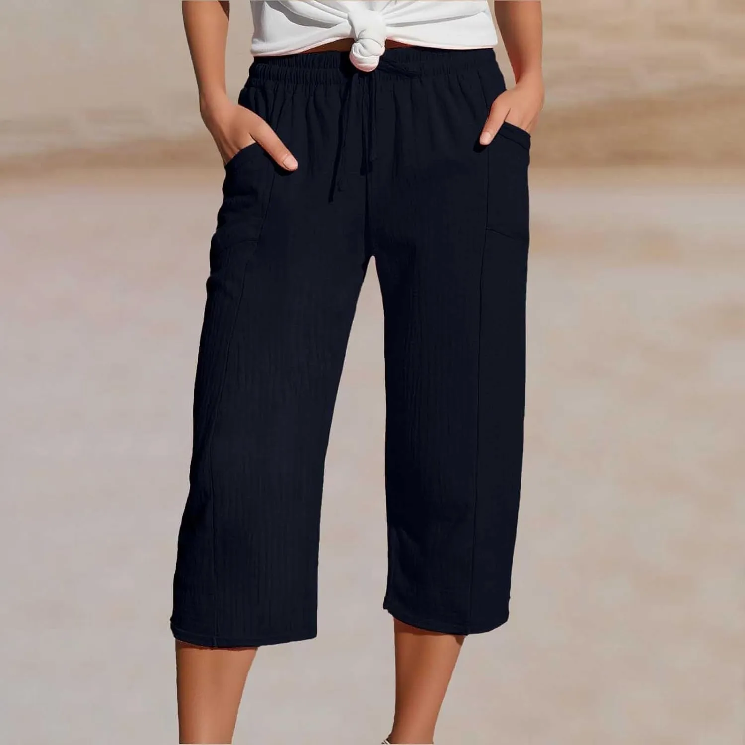 Cotton Linen Capri Pants Women 2025 Summer Casual Capris Wide Leg High Waist Drawstring Cropped Trousers with Pockets