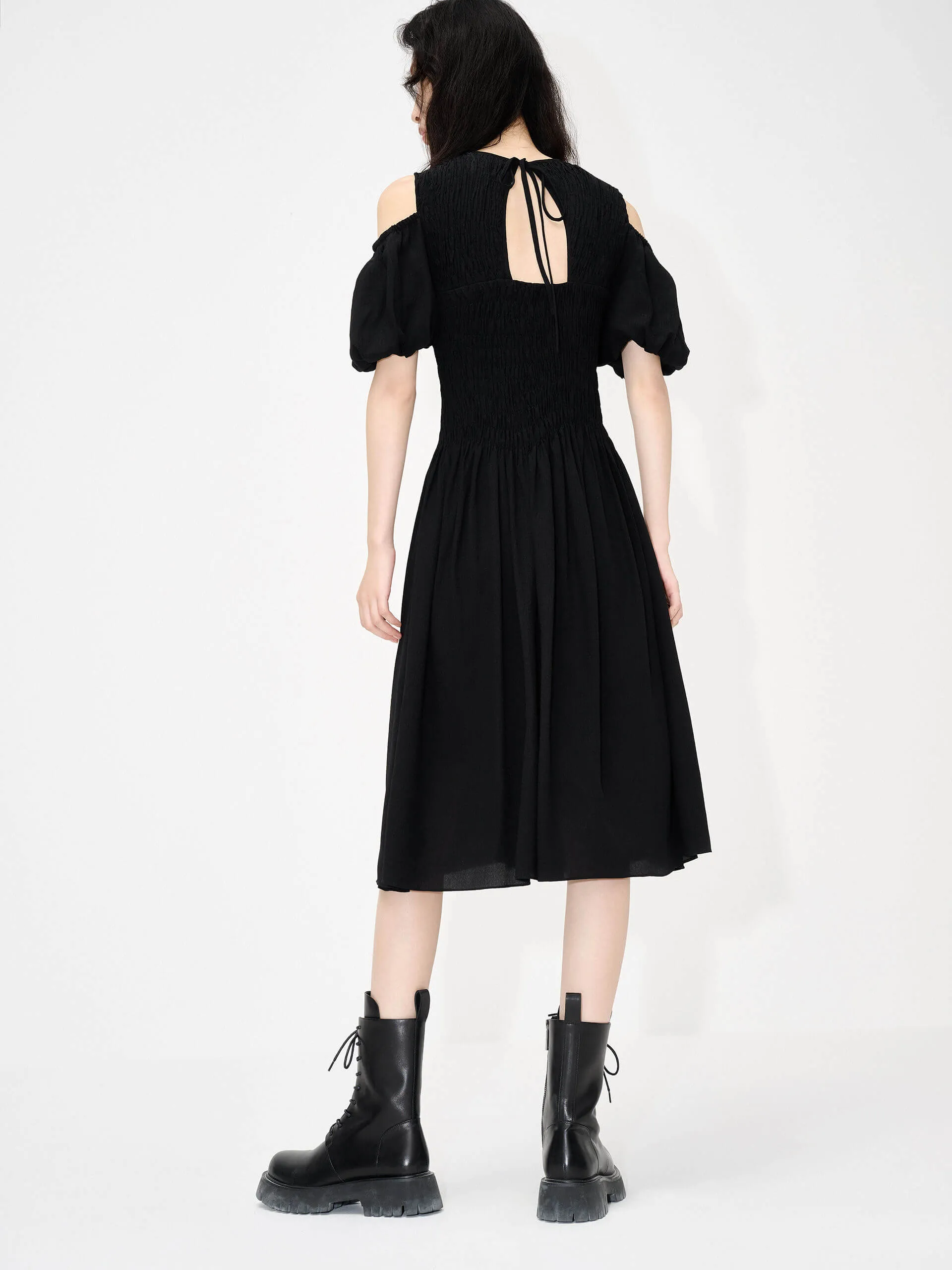 Cut Shoulder Smocked Dress