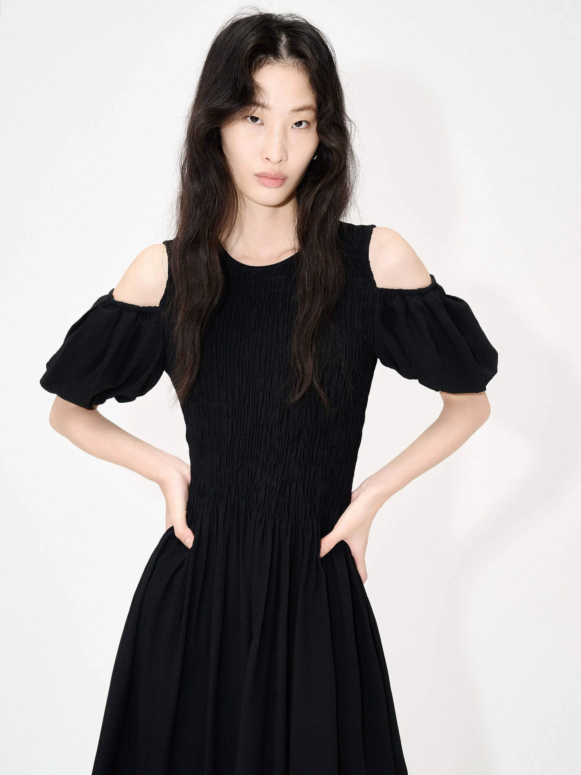 Cut Shoulder Smocked Dress