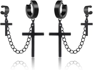 Ear Cuff Clip With Dangle Drop Cross Chain Earrings For Men Women Black Silver Stainless Steel Punk Cool Gothic Rock Fashion Cross Chain Earrings With Cuff Clip On Jewelry