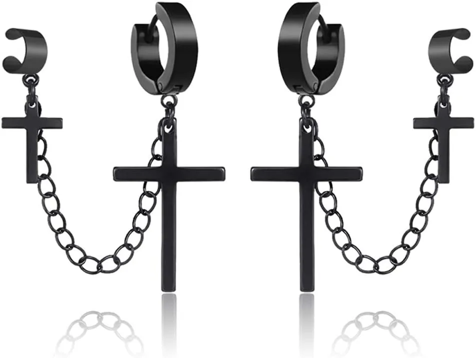 Ear Cuff Clip With Dangle Drop Cross Chain Earrings For Men Women Black Silver Stainless Steel Punk Cool Gothic Rock Fashion Cross Chain Earrings With Cuff Clip On Jewelry