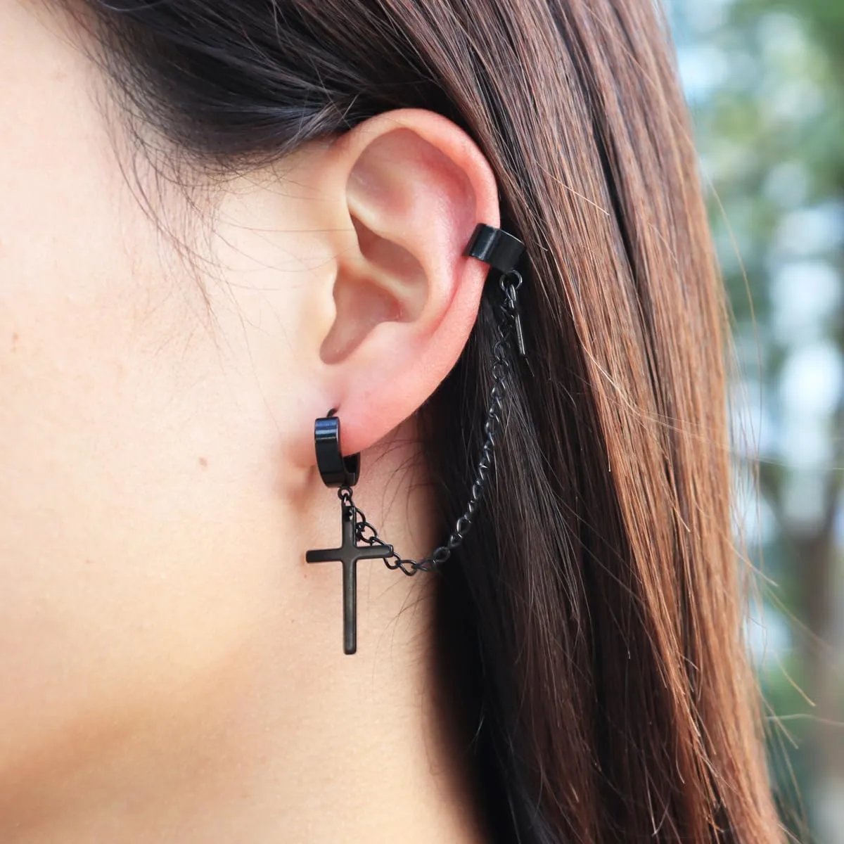 Ear Cuff Clip With Dangle Drop Cross Chain Earrings For Men Women Black Silver Stainless Steel Punk Cool Gothic Rock Fashion Cross Chain Earrings With Cuff Clip On Jewelry