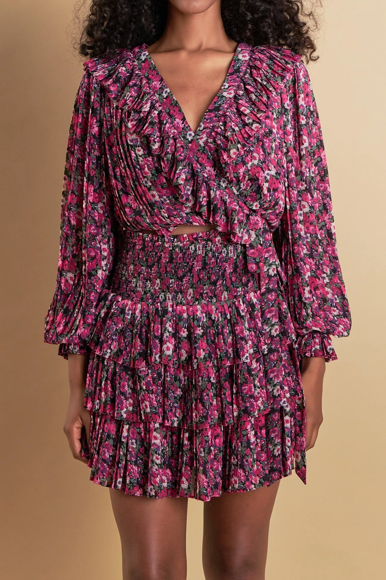 Endless Rose - Chiffon Floral Printed Ruffled Crop Top