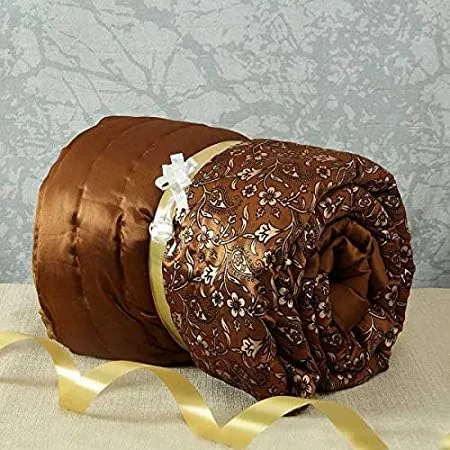 fashhub Light Weight Satin Silk Golden Print Jaipuri Razai Rajai Quilt (Double Bed, Brown)