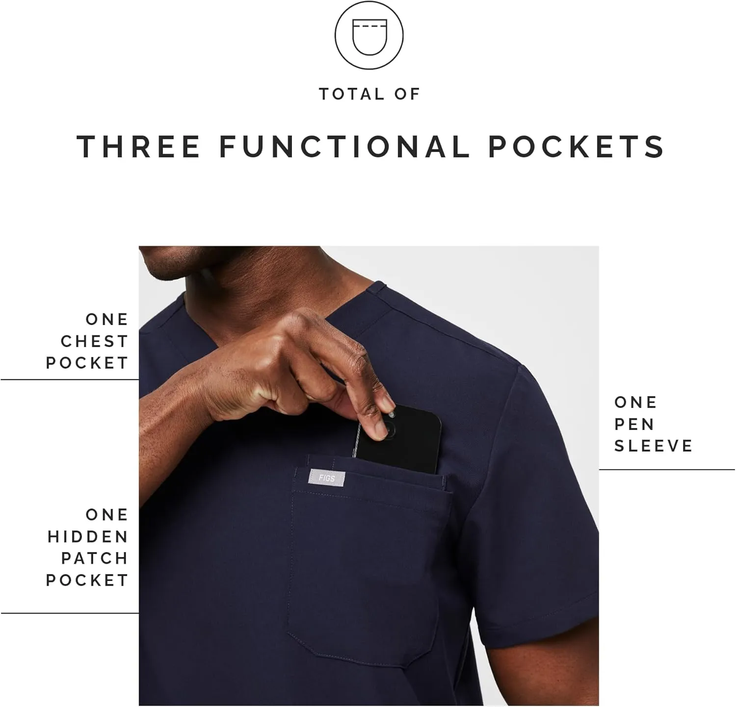 FIGS Leon Scrub Top for Men  3 Pockets, Tailored Fit, Modern V-Neck, 4-Way Stretch, Moisture-Wicking