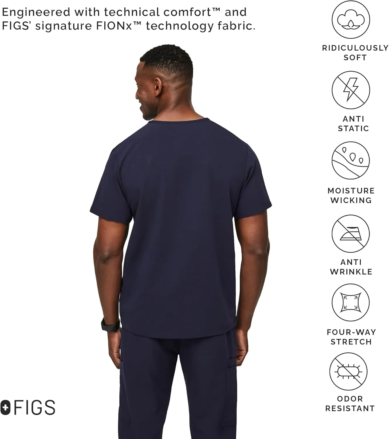 FIGS Leon Scrub Top for Men  3 Pockets, Tailored Fit, Modern V-Neck, 4-Way Stretch, Moisture-Wicking