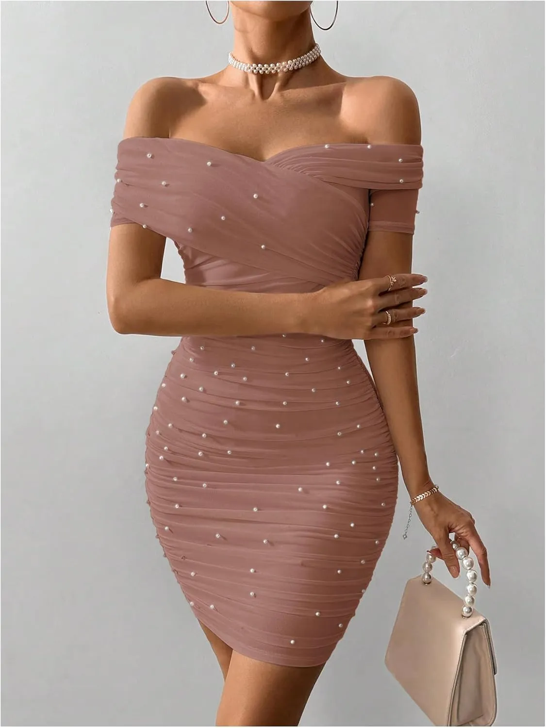 Floerns Women's Pearl Beaded Off Shoulder Short Dress Short Sleeve Bodycon Party Dresses