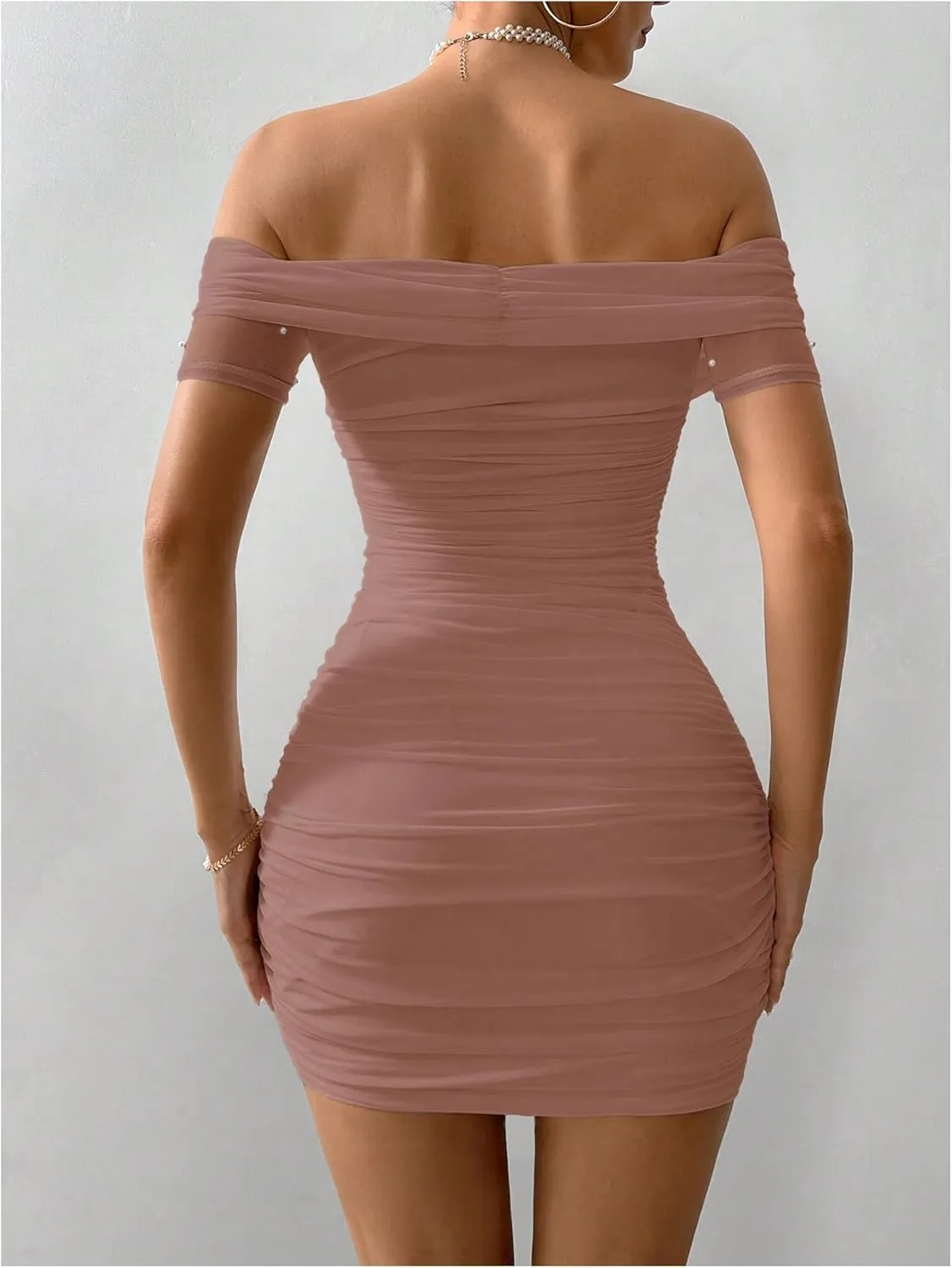 Floerns Women's Pearl Beaded Off Shoulder Short Dress Short Sleeve Bodycon Party Dresses