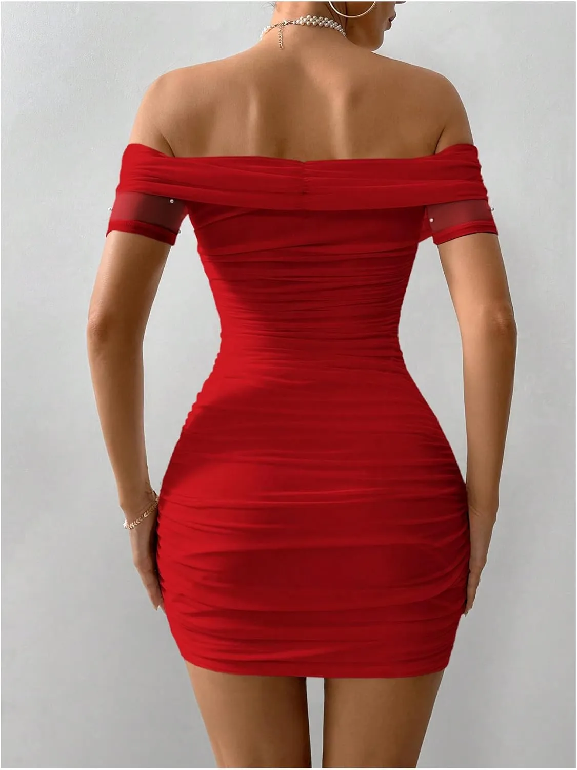 Floerns Women's Pearl Beaded Off Shoulder Short Dress Short Sleeve Bodycon Party Dresses