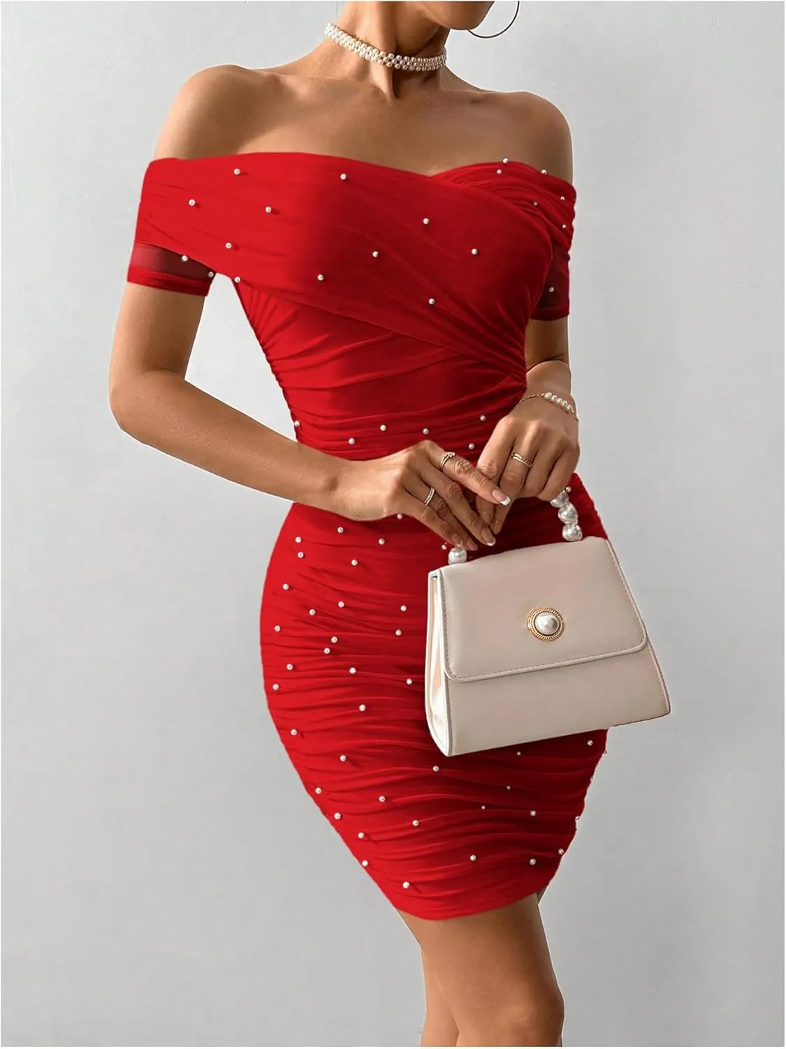 Floerns Women's Pearl Beaded Off Shoulder Short Dress Short Sleeve Bodycon Party Dresses