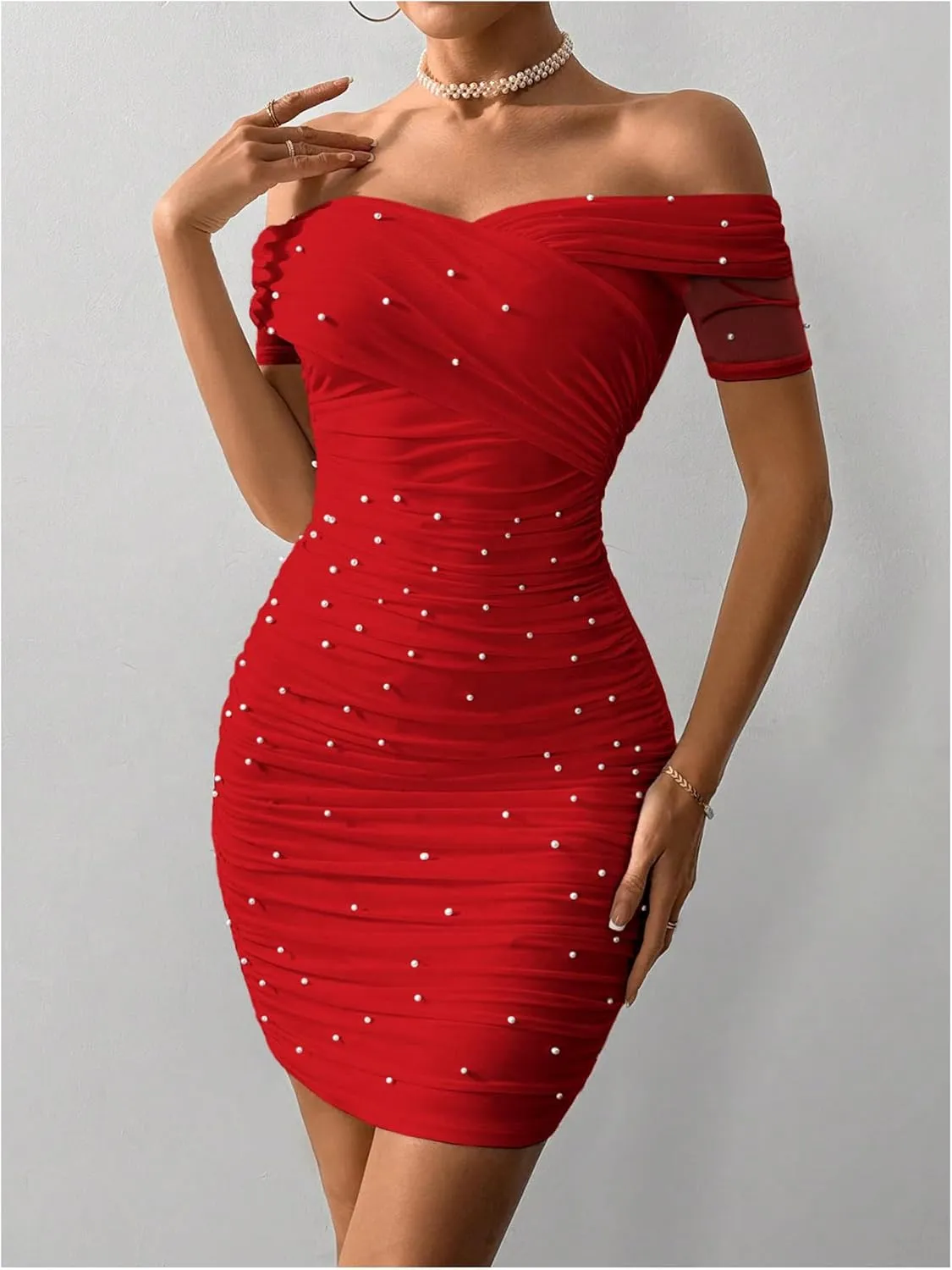 Floerns Women's Pearl Beaded Off Shoulder Short Dress Short Sleeve Bodycon Party Dresses